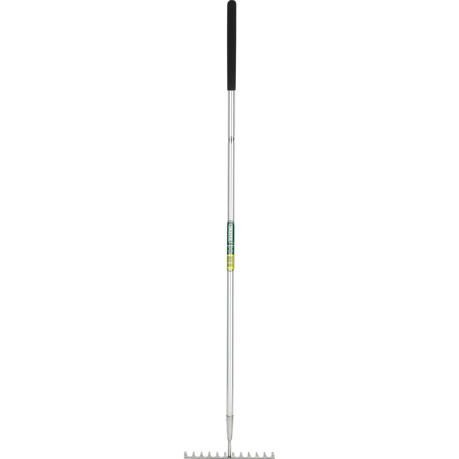 Stainless steel garden rake with a long silver handle, black soft grip, and multiple sturdy tines at the end, designed for easy soil cultivation and garden maintenance.