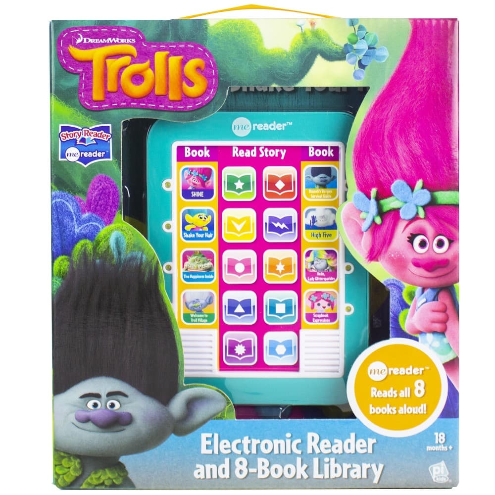 Brightly colored electronic reader with a turquoise frame and a large screen, accompanied by an 8-book library featuring characters from Dreamworks Trolls, including vibrant illustrations.