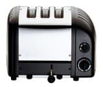 Black Dualit 2 + 1 Combi Vario 3 Slice Toaster with a stainless steel front, three slots, and adjustable browning control knobs on the side.