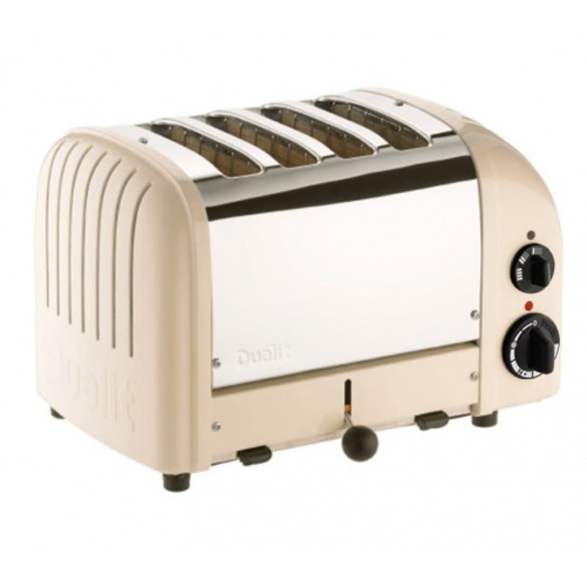 Cream-colored Dualit Classic Vario AWS toaster with a polished stainless steel front, four slots, and a black control knob.