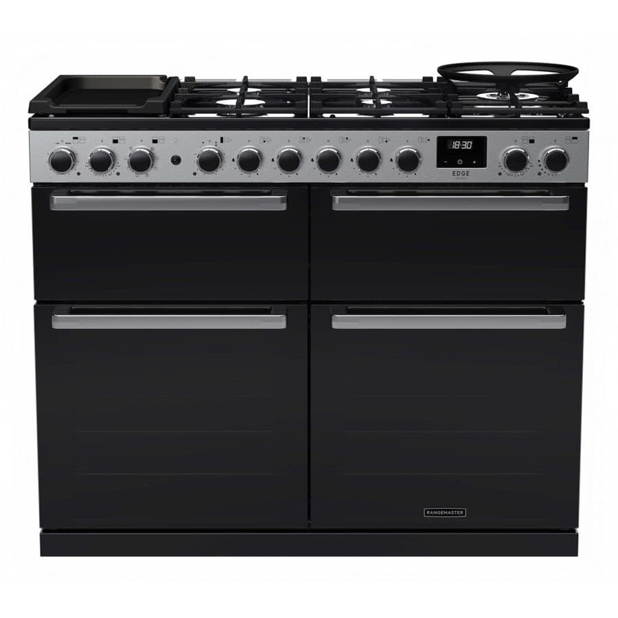 Dual fuel range cooker with a sleek black glass and chrome finish, featuring four gas burners, a griddle, and dual ovens with stainless steel controls and a digital display.