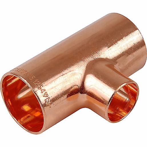 Copper end feed one end branch reducer with dimensions 35mm x 35mm x 28mm, featuring a shiny metallic finish and smooth edges for secure pipe connections.