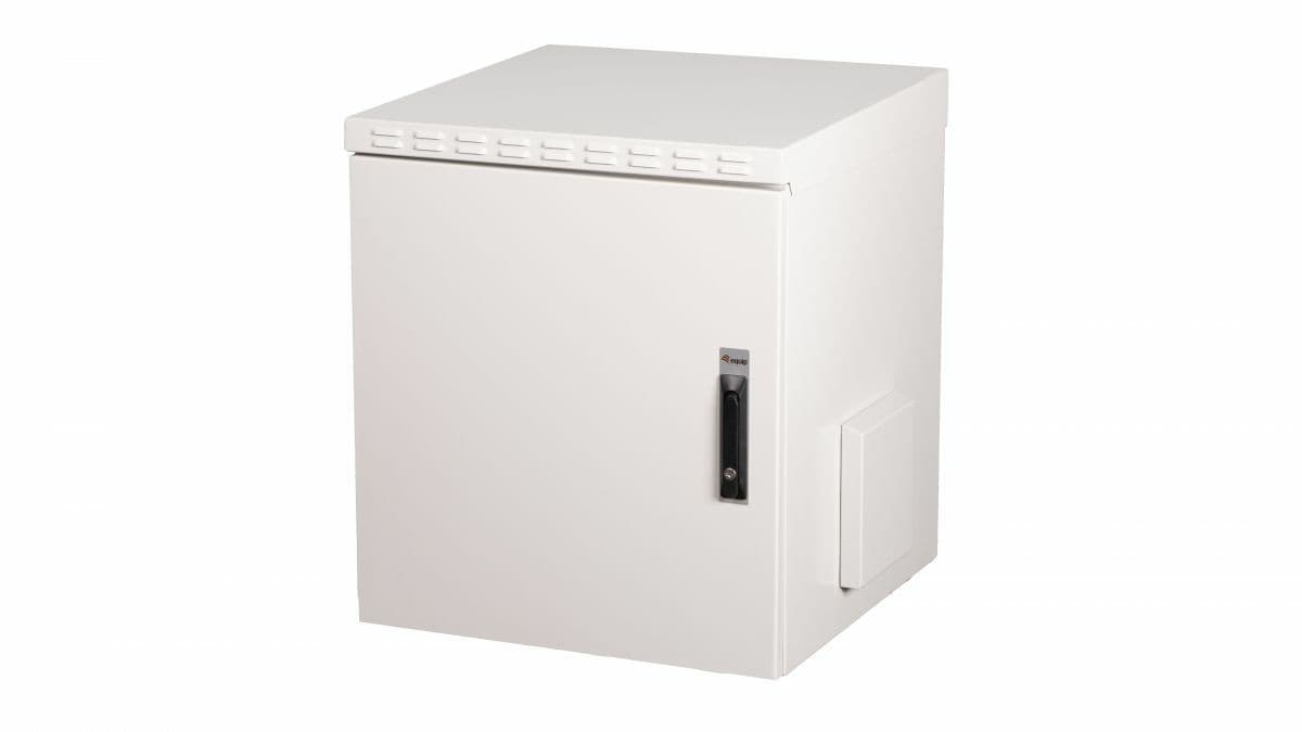19-inch outdoor cabinet in RAL7035 grey, 12U size, featuring a solid metal construction, a front door with a lock, and ventilation slots on the top for airflow.
