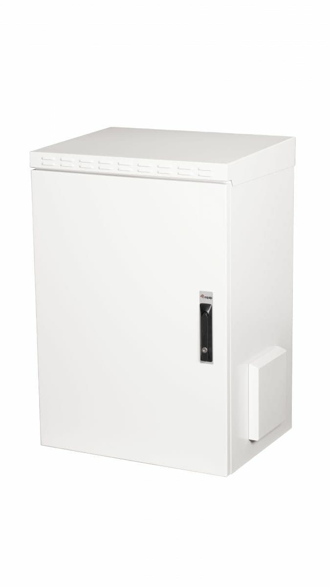 19-inch outdoor cabinet in RAL7035 grey, featuring a sturdy metal construction, lockable front door, ventilation slots on top, and a compact design measuring 16U and 600x450mm.