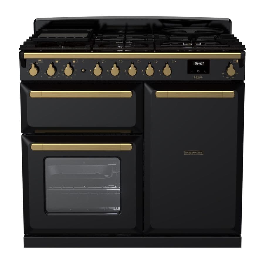 Black dual fuel range cooker with antique brass knobs and handles, featuring a five-burner gas hob, two ovens, and a sleek design, measuring 100cm in width.