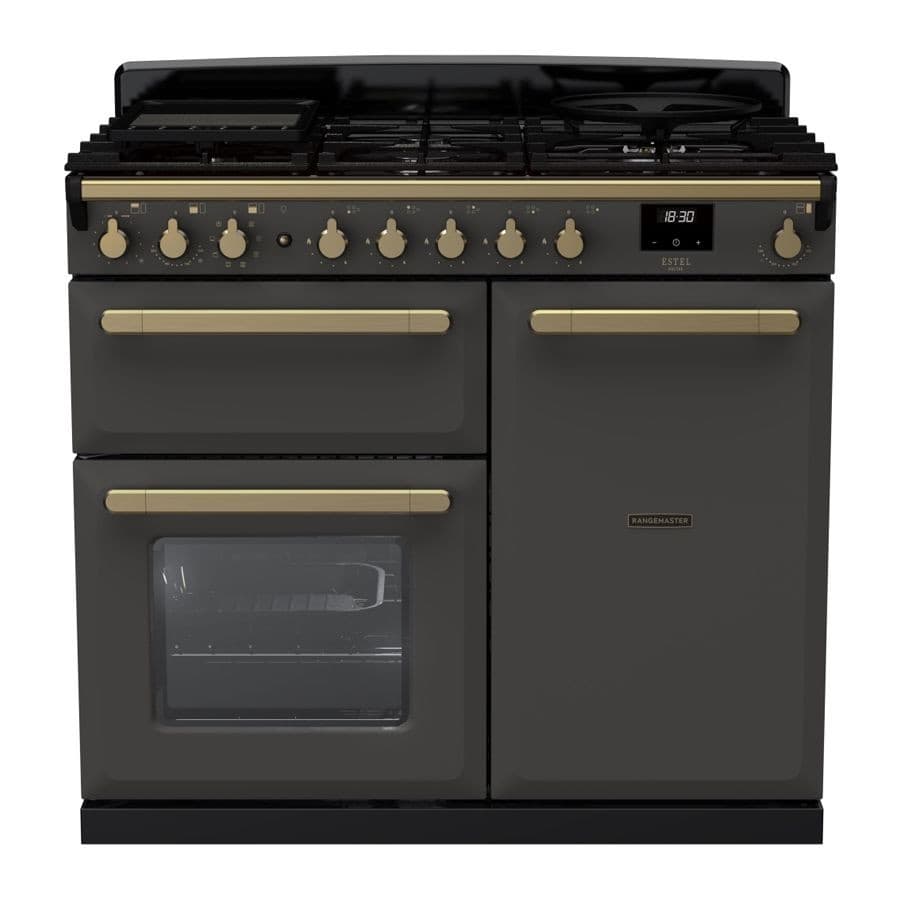 Slate-colored dual fuel range cooker with antique brass knobs, featuring a five-burner gas top, two ovens, and a sleek design, ideal for modern kitchens.