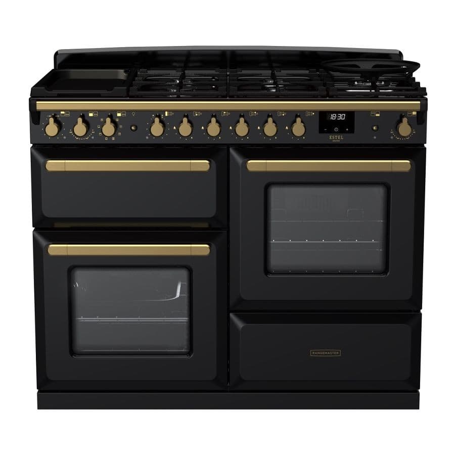 Black dual fuel range cooker with antique brass knobs and trim, featuring two ovens, a five-burner gas hob, and a sleek design, ideal for modern kitchens.