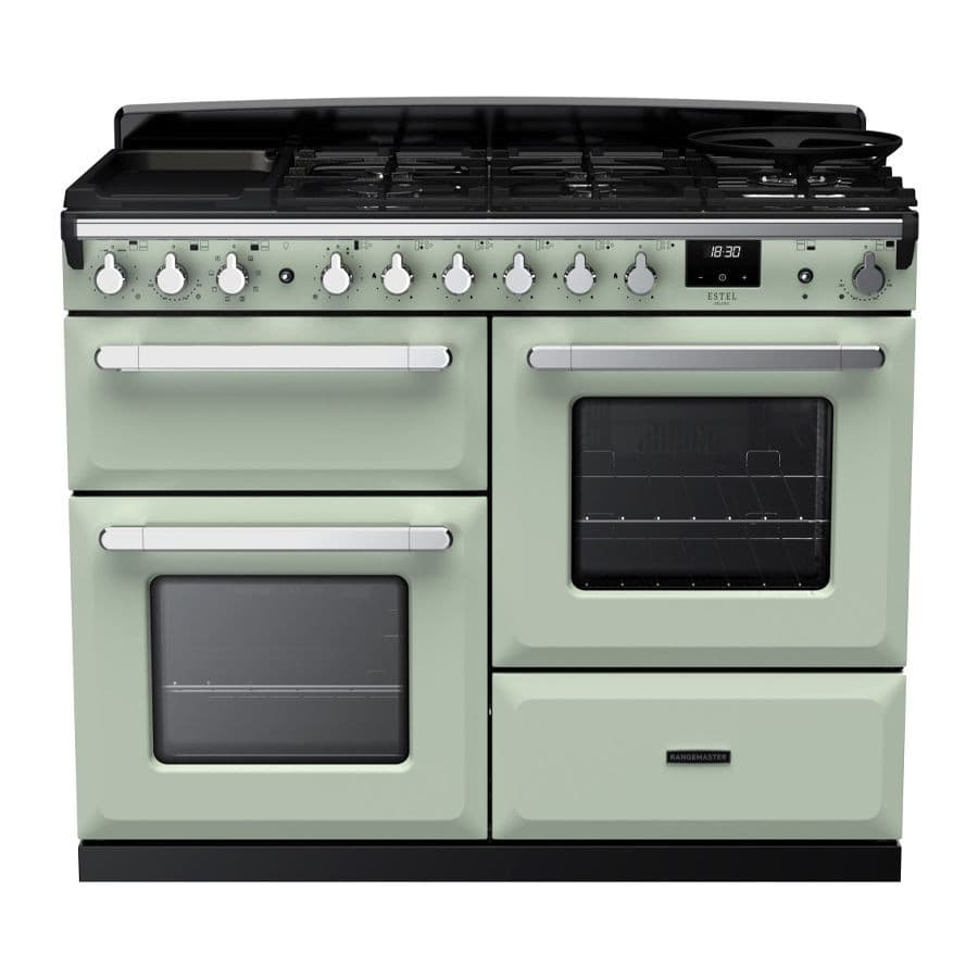 Mint green dual fuel range cooker with chrome accents, featuring five gas burners, two ovens, and a sleek black hob, designed for stylish and efficient cooking.
