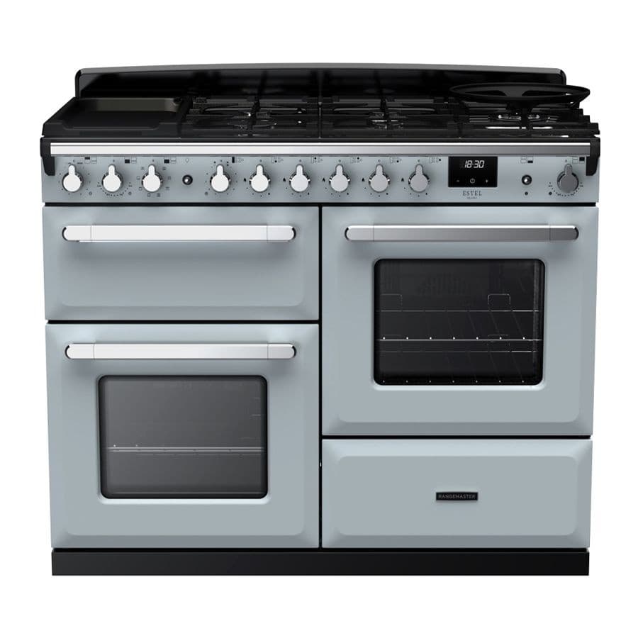 Misty blue dual fuel range cooker with chrome accents, featuring four gas burners, two ovens, and a sleek black top, designed by Rangemaster.