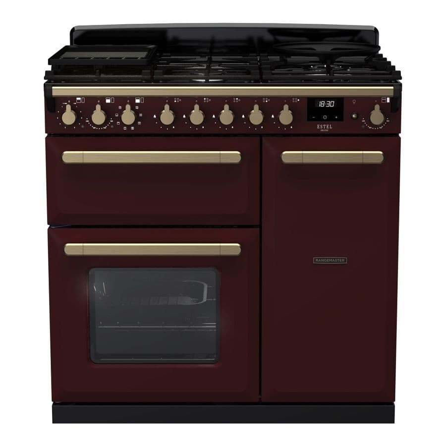 Bordeaux dual fuel range cooker with antique brass knobs, featuring a black hob, two ovens, and a digital display for precise cooking control.