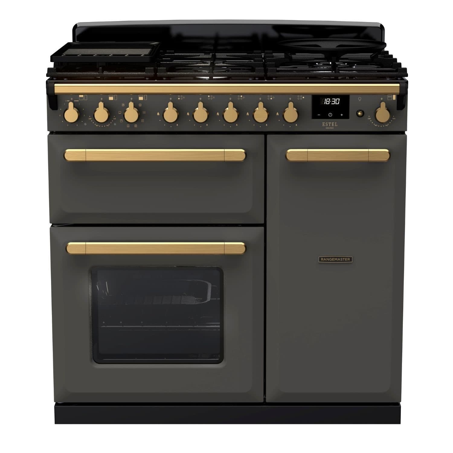 Slate-colored dual fuel range cooker with antique brass knobs, featuring a five-burner gas hob, digital display, and two ovens with glass doors.