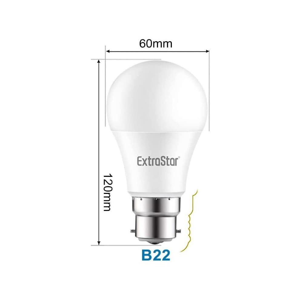 ExtraStar 12W LED A60 ball bulb in white, featuring a B22 base, dimensions 60mm x 120mm, designed for daylight illumination at 6500K, sold in a pack of 10.
