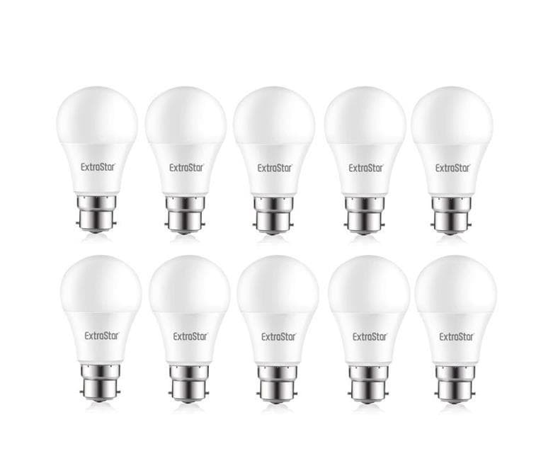Ten white LED ball bulbs in a pack, each 9W with a B22 base, featuring a warm white light at 3000K, branded with "ExtraStar."