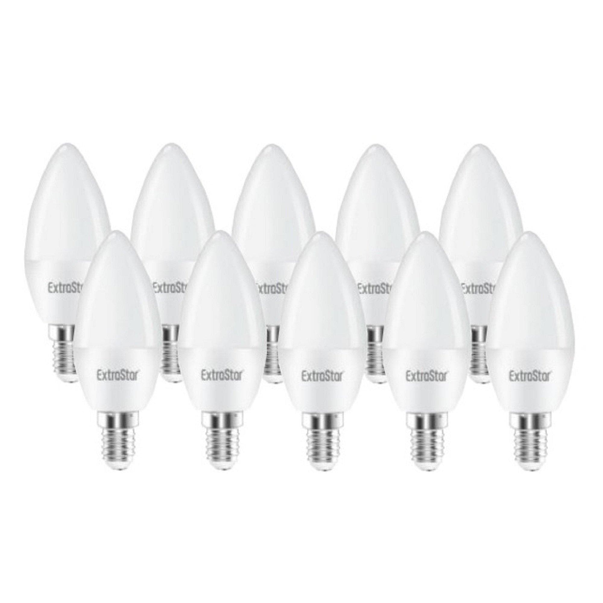 Ten E14 LED candle bulbs in warm white (3000K) with a sleek, tapered design and silver bases, packaged neatly together by ExtraStar.