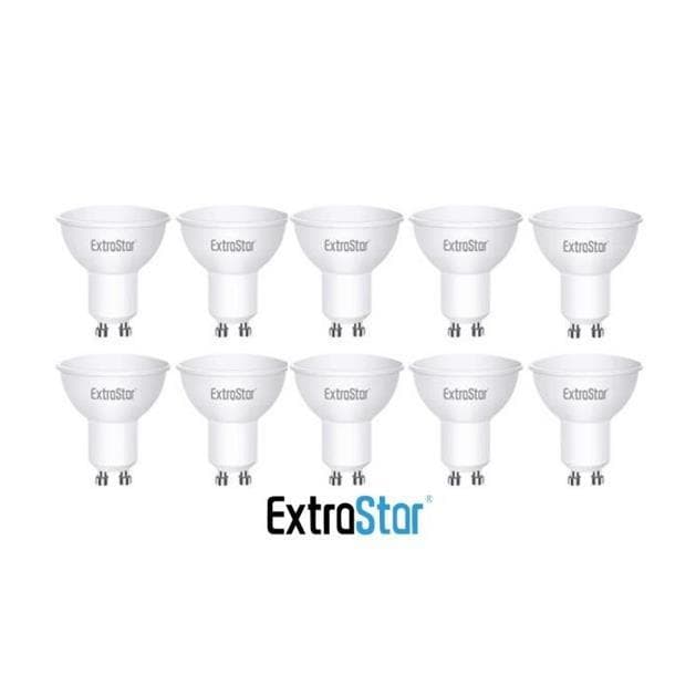 Ten GU10 7W LED light bulbs in warm white (3000K), featuring a white plastic body and a standard two-pin base, arranged in a neat row with the ExtraStar logo below.