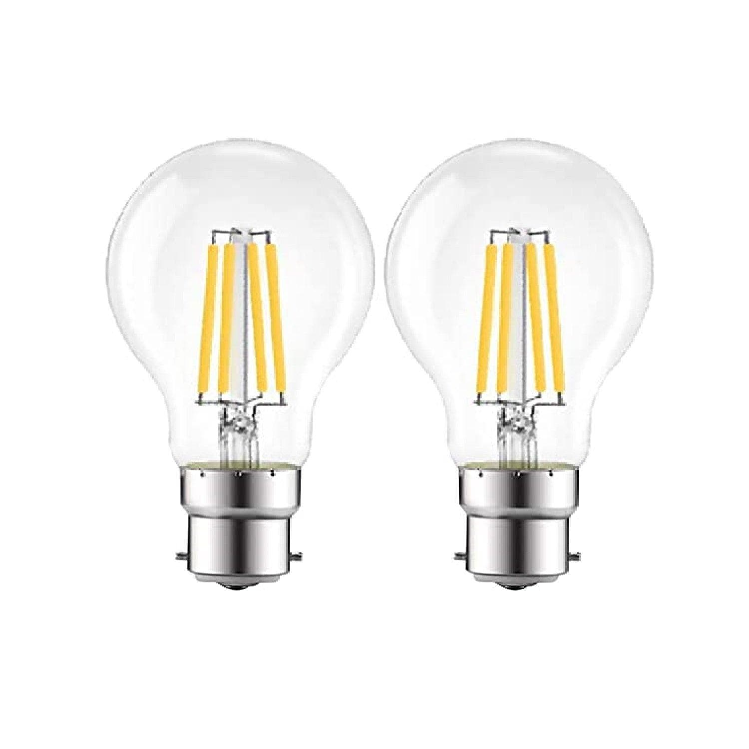 Two 8W LED filament light bulbs with a B22 base, featuring a clear glass bulb and warm 2700K glow, showcasing visible yellow filament inside.