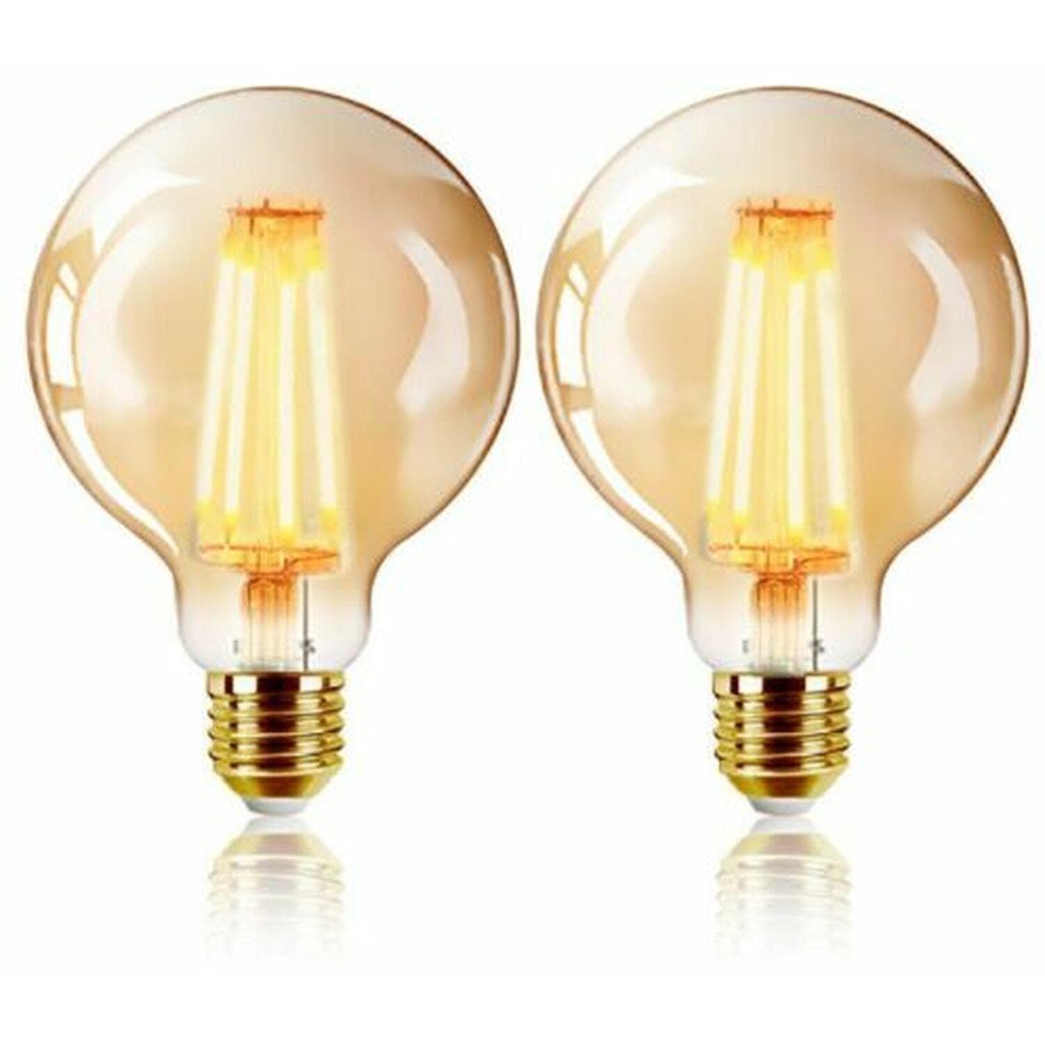 Two ExtraStar 6W LED filament ball bulbs with a warm 2200K glow, featuring a clear glass exterior and gold E27 base, measuring 125 x 175mm each.