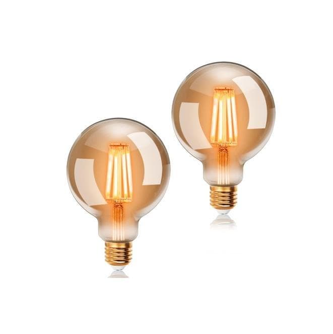 Two ExtraStar 6W LED filament ball bulbs with a warm amber glow, E27 base, 80 x 120mm size, featuring a vintage design and clear glass finish.