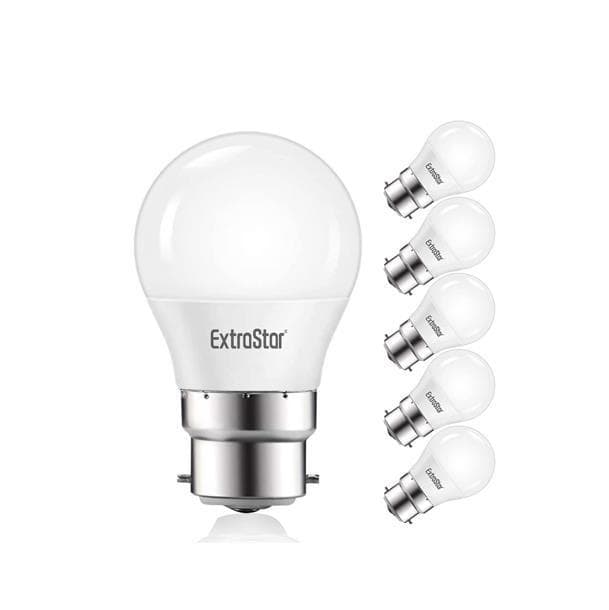 Six white LED ball bulbs with a B22 base, featuring a smooth, rounded design and labeled "ExtraStar," emitting natural light at 4200K.