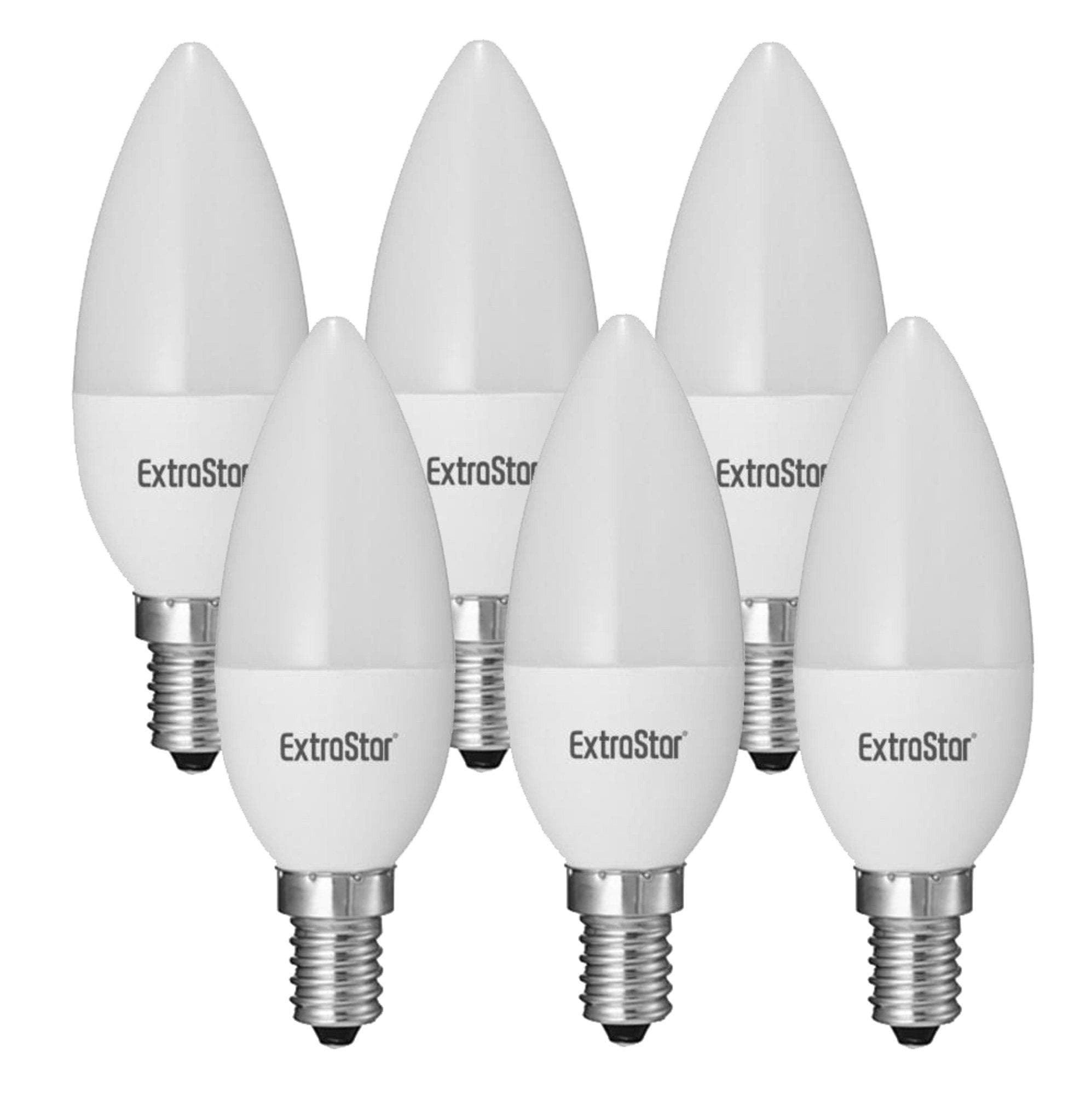 Six ExtraStar 4W LED candle bulbs in warm white (3000K), featuring a classic teardrop shape and E14 base, with a smooth white finish and the brand logo visible.