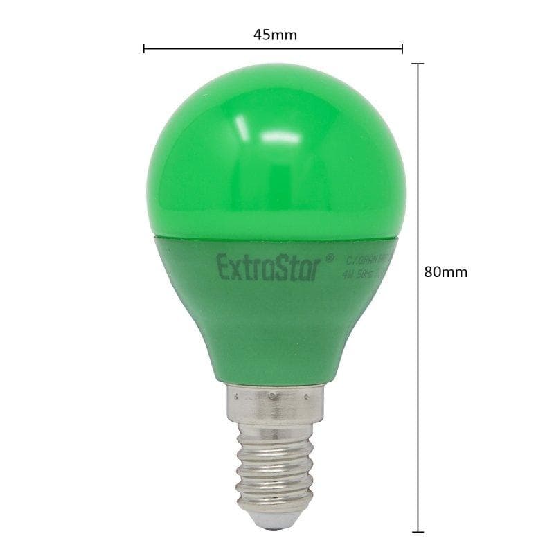 Green LED golf ball light bulb with a smooth, glossy finish, E14 base, measuring 80mm in height and 45mm in diameter, branded ExtraStar.