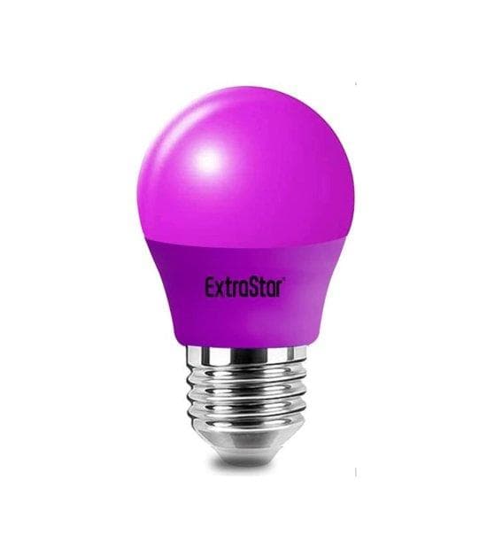 Purple LED light bulb with a rounded top and E14 base, featuring a glossy finish and the brand name "ExtraStar" printed on the side.