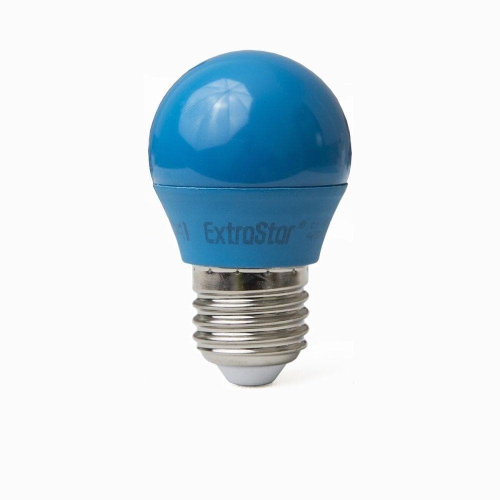 Blue LED golf ball light bulb with a glossy finish, E27 base, and labeled "ExtraStar," designed for modern lighting applications.