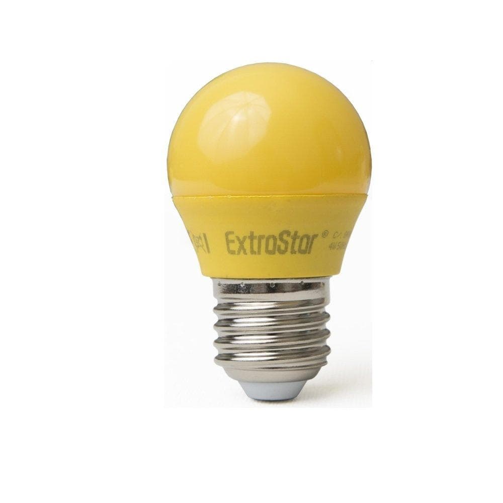 Yellow LED golf ball light bulb with a glossy finish, E27 base, and labeled "ExtraStar," designed for modern lighting solutions.