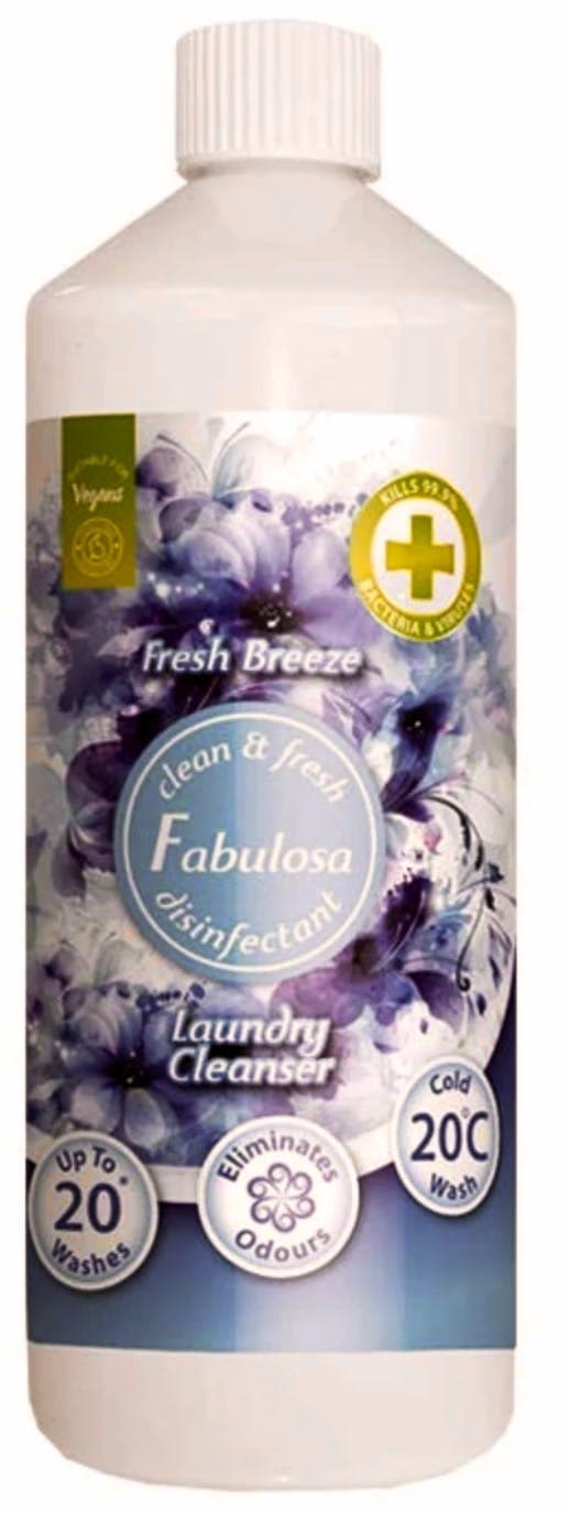 White plastic bottle of Fabulosa Laundry Cleanser Fresh Breeze, featuring a floral design in shades of blue and purple, with labels indicating it eliminates odors and is suitable for cold washes.