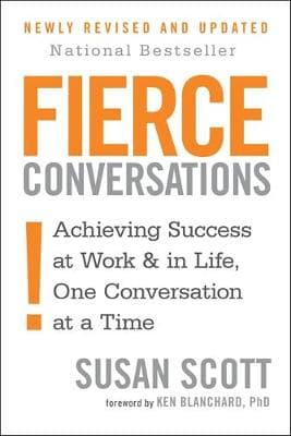 Book cover featuring a white background with bold orange and black text, titled "Fierce Conversations" by Susan Scott, with a subtitle and a note about being a national bestseller.