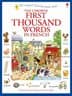 Colorful illustrated cover of "Usborne First Thousand Words in French," featuring children, animals, and objects, with a bright, engaging design suitable for ages 5 and up.