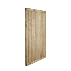 Wooden garden gate measuring 1.8x0.9m, featuring vertical slats and a natural finish, designed for durability and privacy.