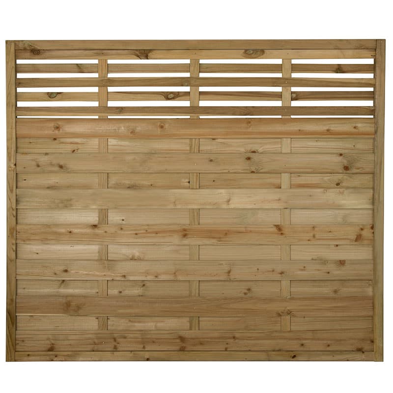 Kyoto decorative fence panel in natural wood finish, measuring 6' x 5', features horizontal slats and a sleek design, ideal for garden or outdoor spaces.