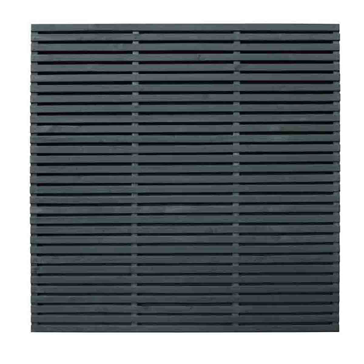 Contemporary grey double slatted fence panel measuring 6' x 6', featuring horizontal slats made from wood, designed for modern garden aesthetics.