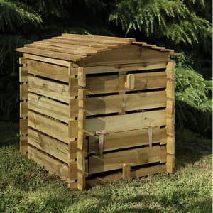 Wooden compost bin with a sloped roof, made from natural timber, featuring slatted sides and metal latches, measuring 2'5"x2'6" (0.74x0.74m), set against a green background.