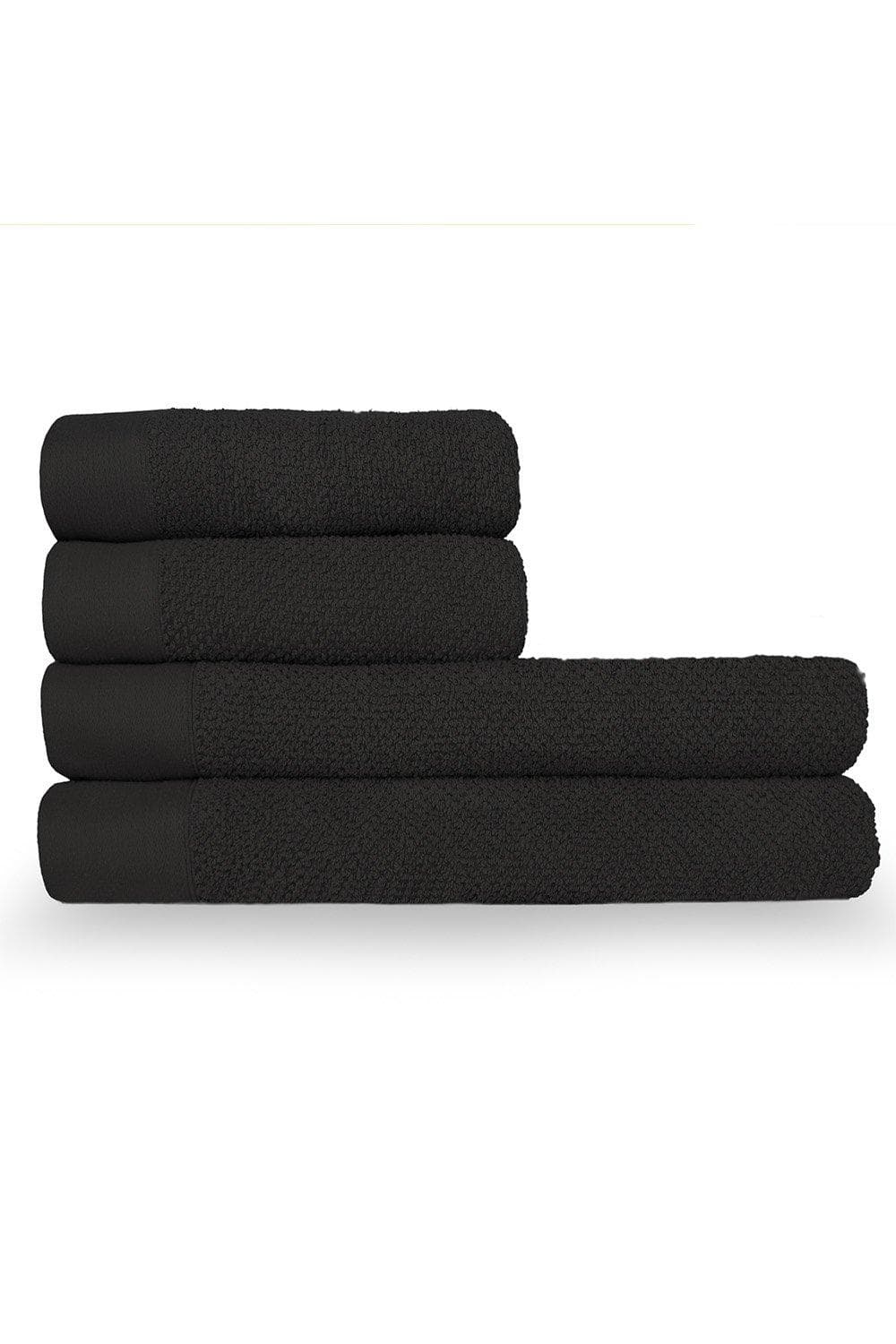 Four black textured weave cotton towels stacked neatly, featuring a soft, plush surface and contrasting smooth edges, ideal for hand and bath use.