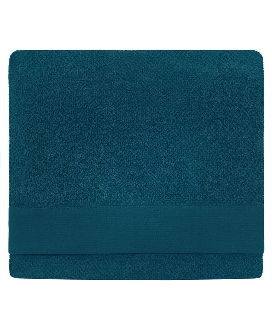 Textured blue cotton bath sheet featuring a soft, absorbent weave and a smooth, solid band along one edge, designed for comfort and style.