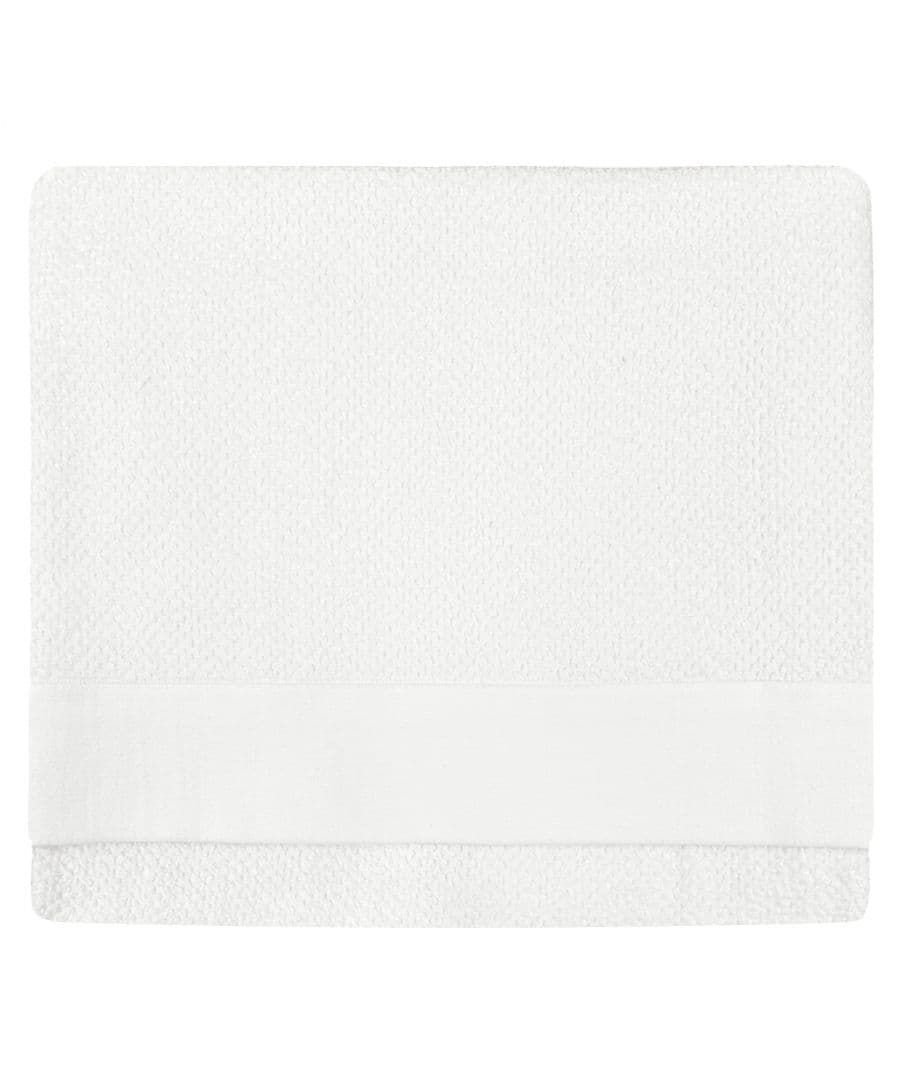 Textured white cotton bath sheet featuring a woven design and a smooth, solid band at one end, measuring one size.