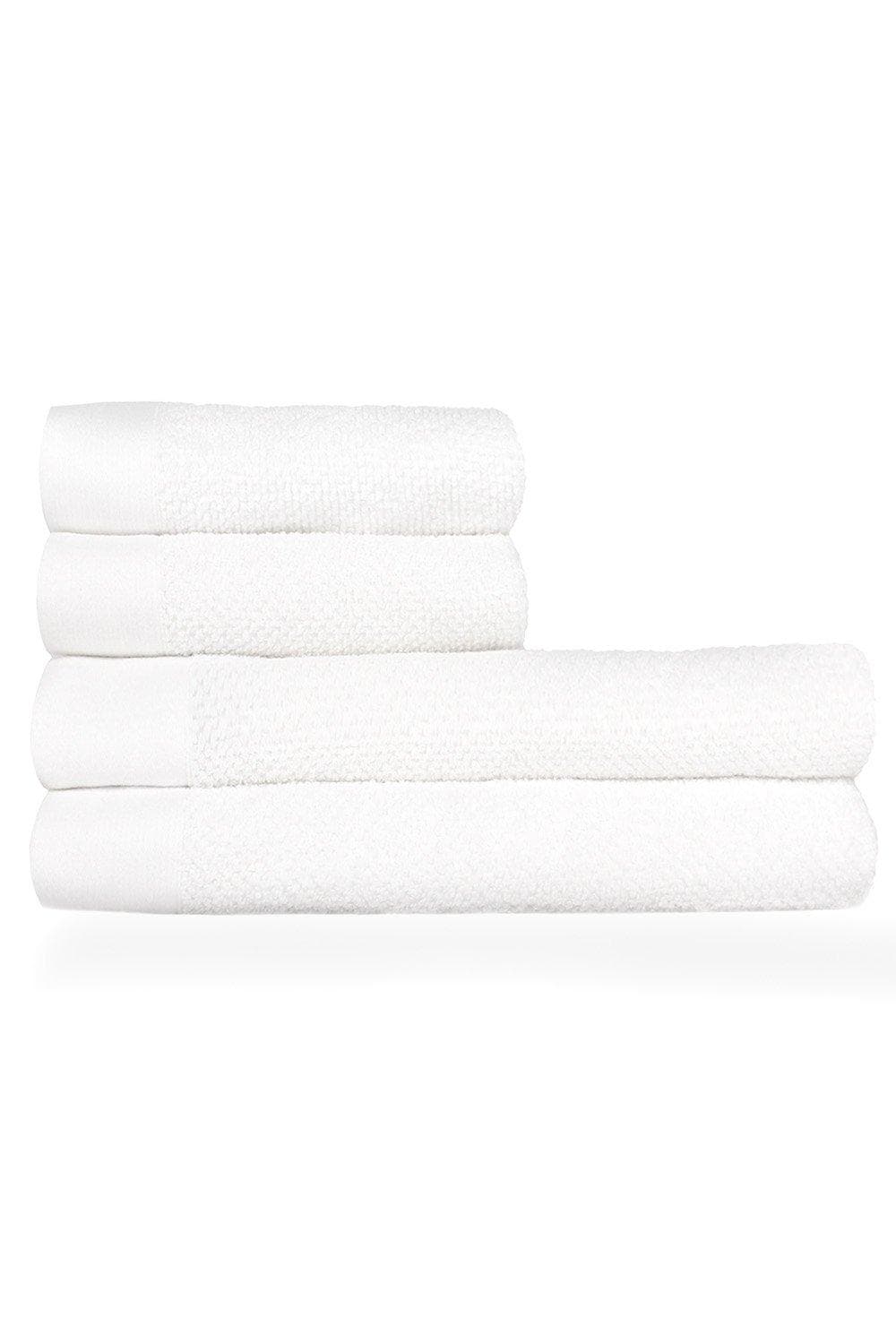 Four white cotton towels stacked neatly, featuring a textured weave design, ideal for hand and bath use, showcasing a soft and absorbent material.