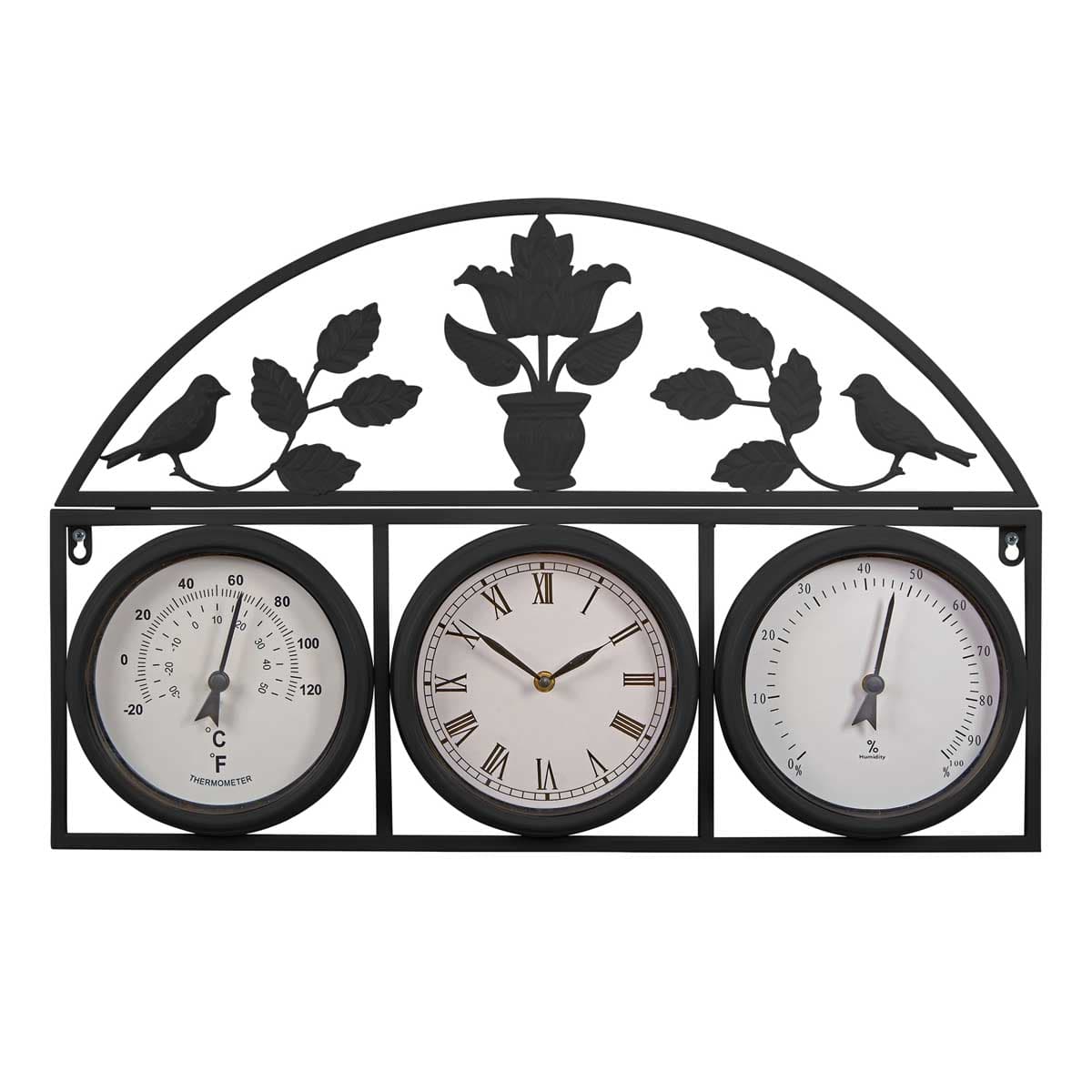 Black outdoor wall clock and weather station featuring a decorative arch with leaves and birds, three dials for temperature, humidity, and time, all set in a metal frame.