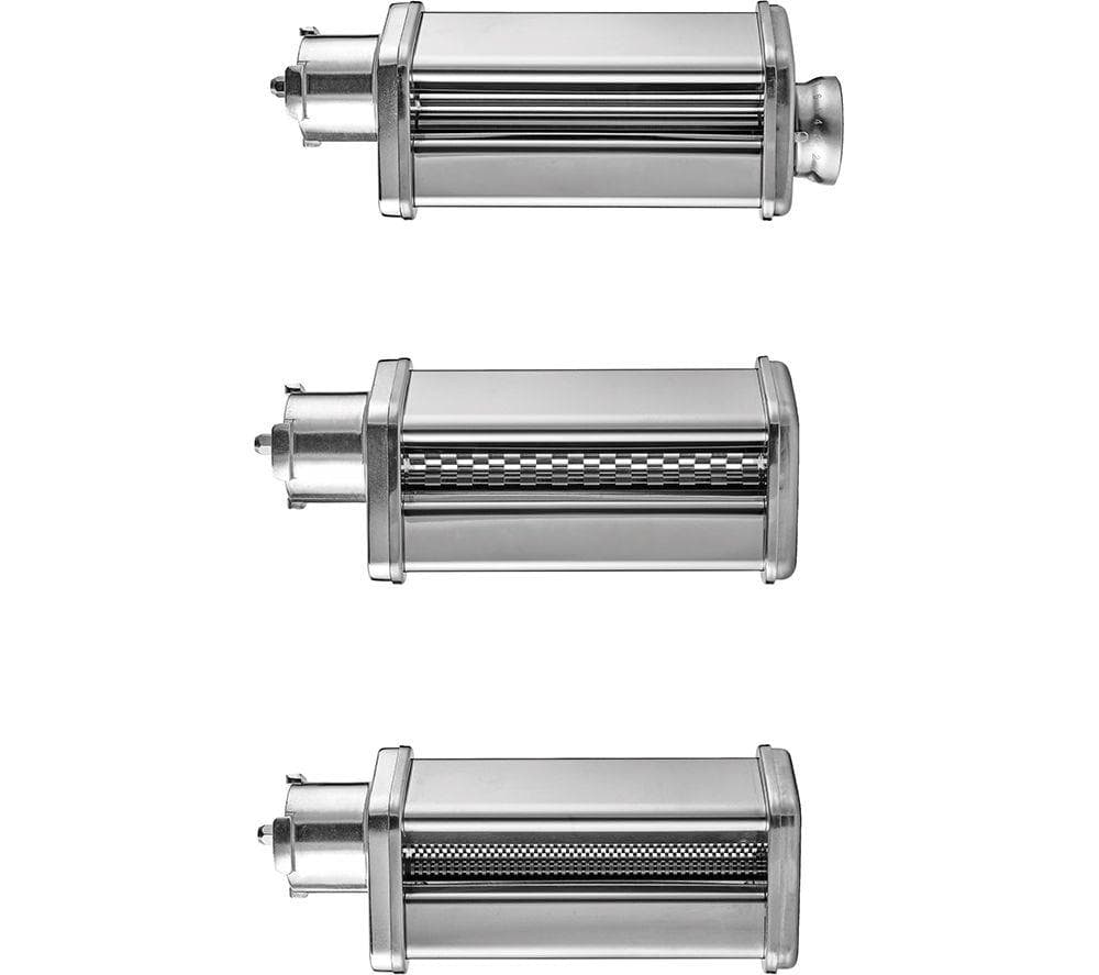 Three stainless steel pasta rollers with polished finish, featuring different textures for making various pasta types, designed for use with Gastroback model 60977.