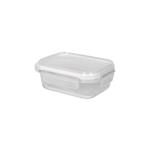 Clear glass food storage container with a transparent lid, rectangular shape, and a capacity of 370ml, featuring a secure locking mechanism on the sides.