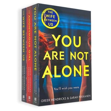 Three paperback books by Greer Hendricks and Sarah Pekkanen, featuring bold titles in yellow and white on dark backgrounds, with vibrant cover images of women, stacked together.