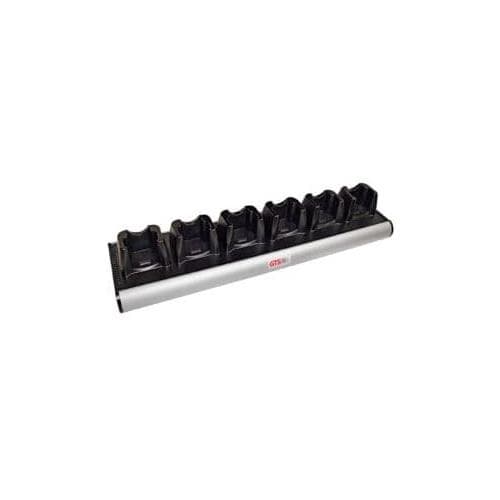 Aluminium desktop-mounted charging station organizer featuring a sleek silver finish with six black charging slots for devices.