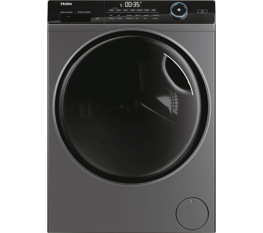 Front-loading washing machine in sleek dark gray with a large circular door, digital display, and control panel featuring buttons and a dial for settings.