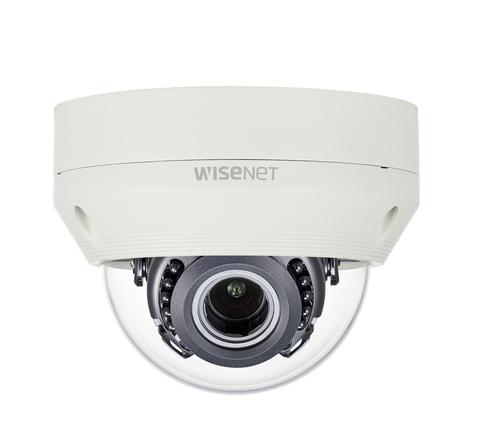 White dome-shaped security camera with a clear lens, featuring a sleek design and the "Wisenet" logo prominently displayed on the top.