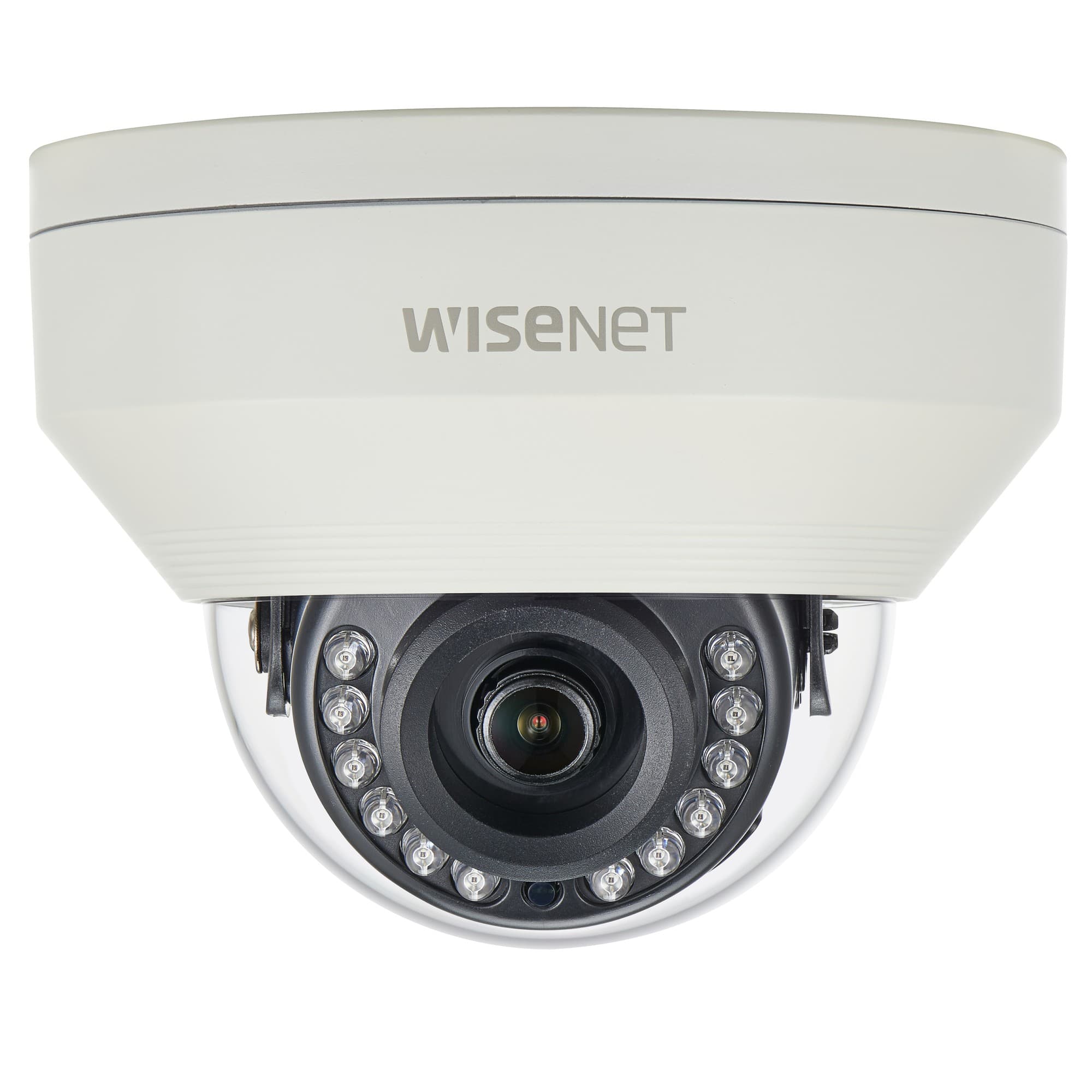 White dome security camera with a clear lens, featuring infrared LEDs around the lens for night vision, marked with the "Wisenet" logo on the top.
