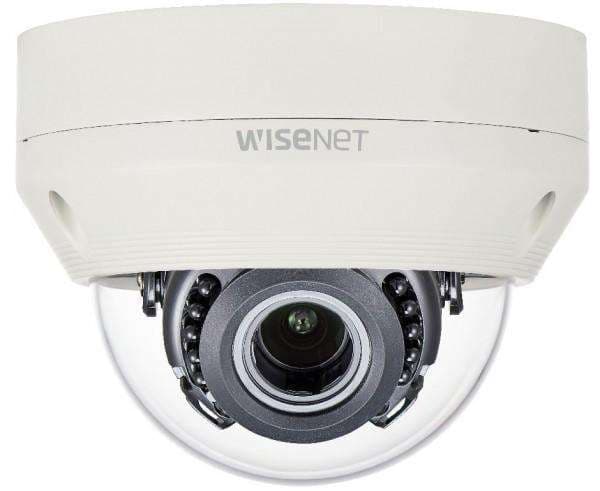 White dome-shaped security camera with a clear lens, featuring a black inner casing and the "Wisenet" logo, designed for outdoor surveillance.
