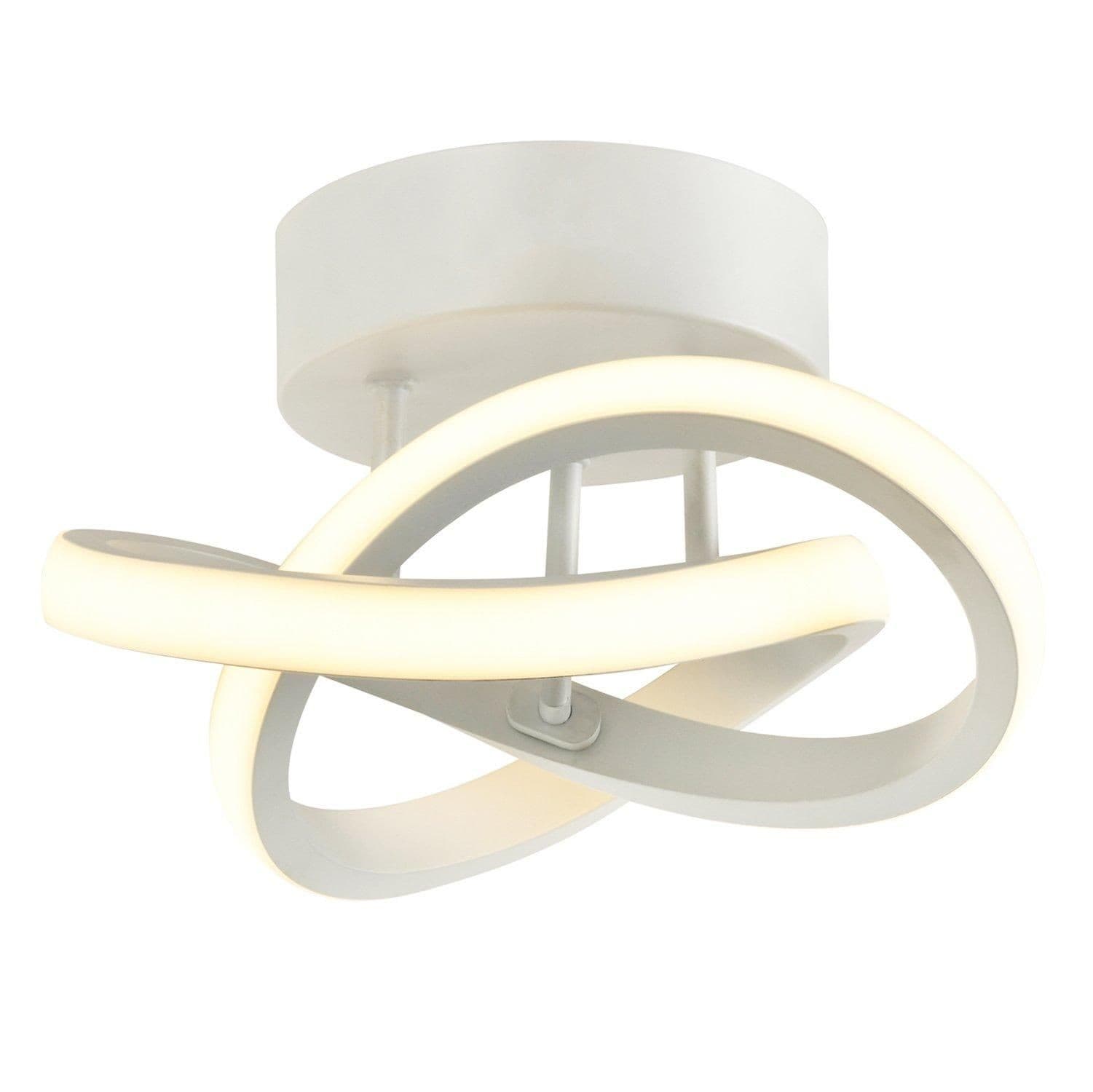 Modern white ceiling light featuring a swirl design made of thick metal strips, emitting 1253 lumens with a sleek, minimalist aesthetic.