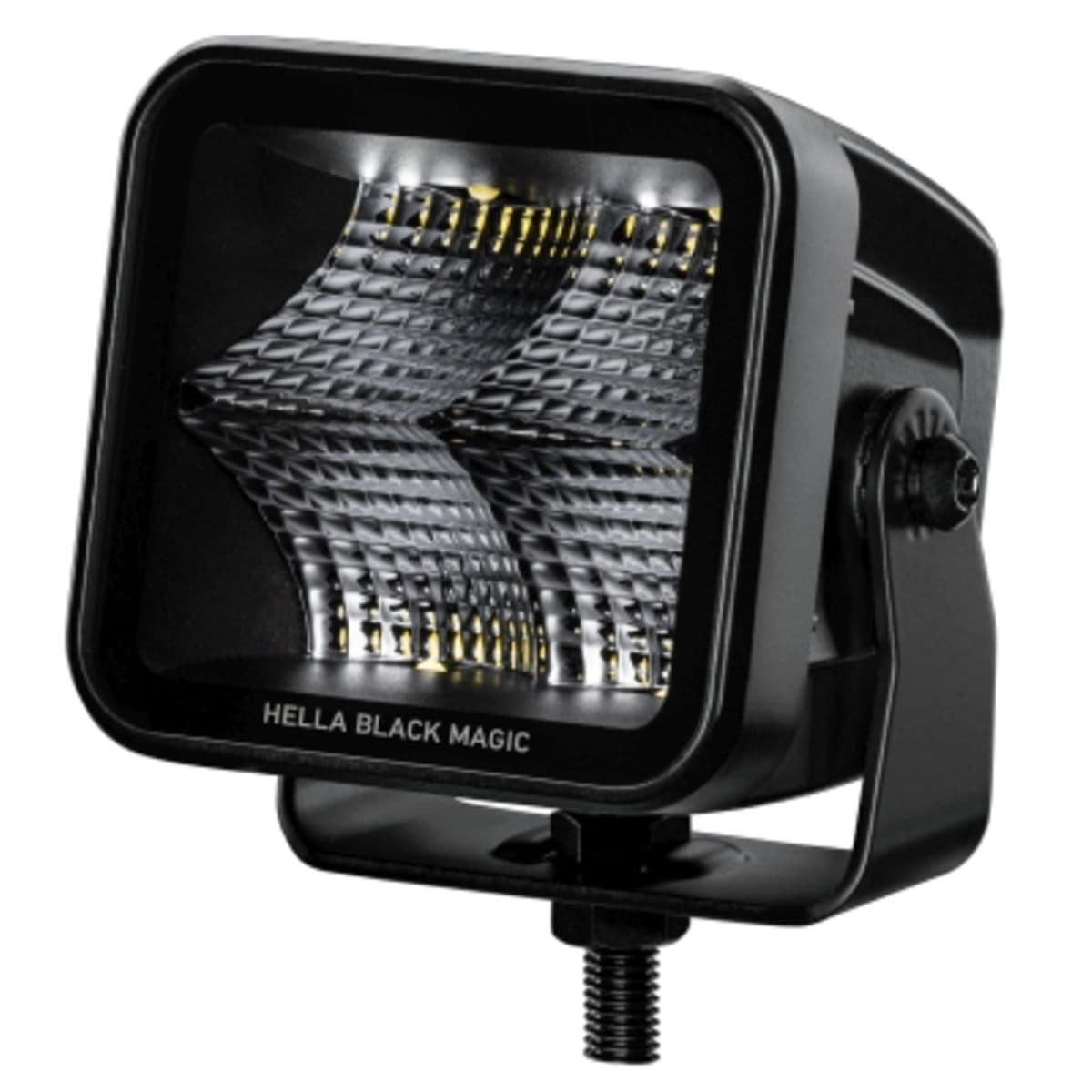 Black square LED floodlight with clear lens, featuring a textured reflector, mounted on a metal bracket, designed for agricultural and vehicle use, producing 3000 lumens.